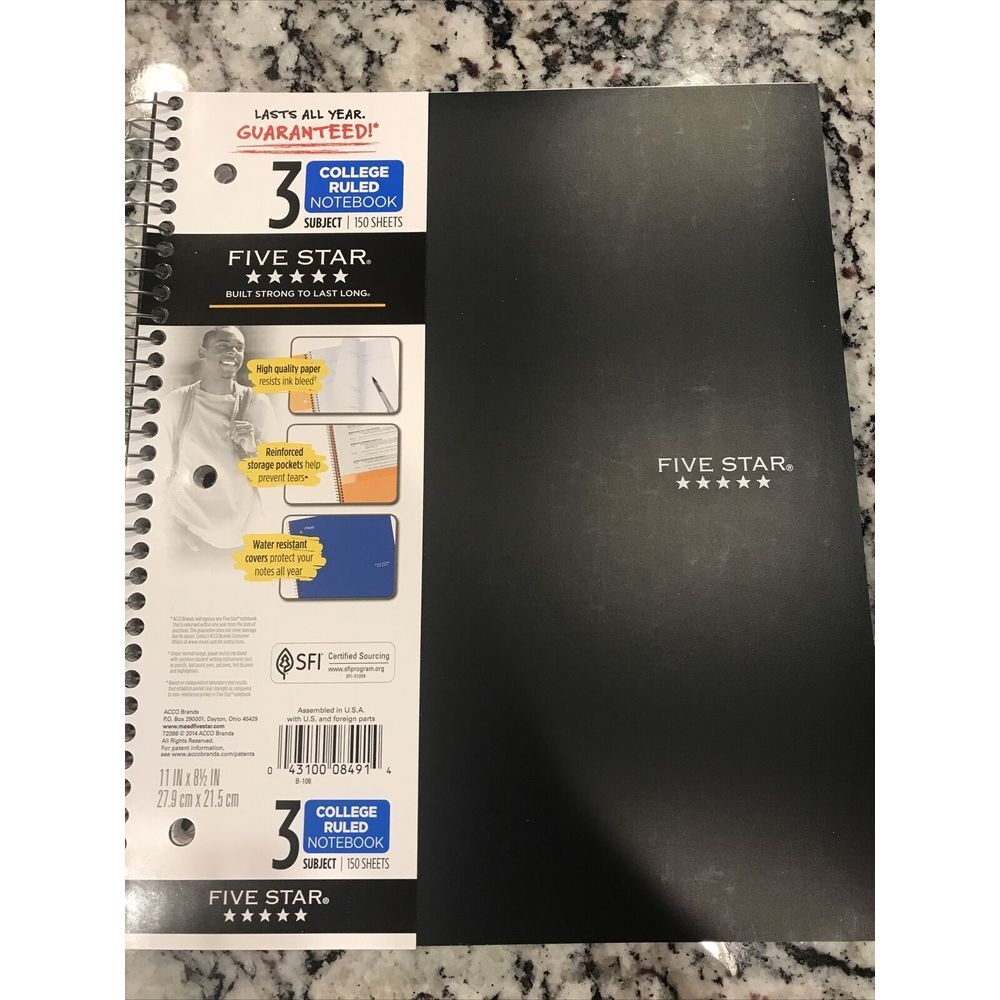 3 Subject Notebook 150 Sheets, Five Star‎ Wirebound College Ruled